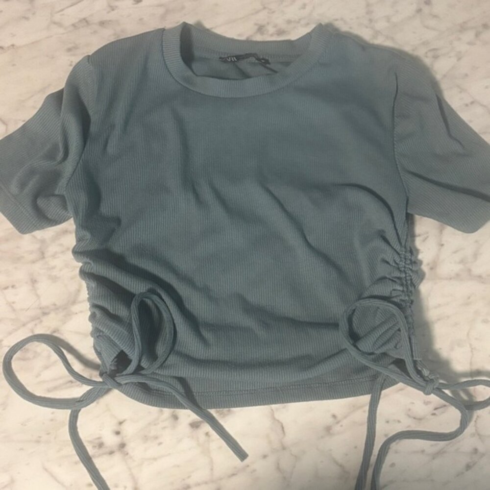Zara Light Blue Ruched Short Sleeve Tee